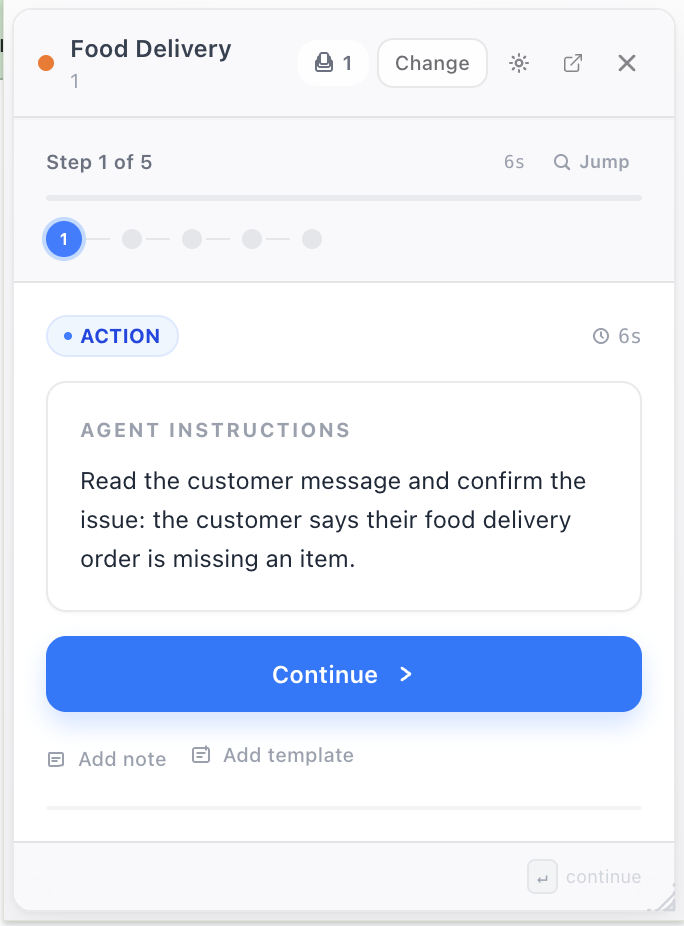 FlowGuide step 1 of a flow showing an ACTION step with agent instructions to read the customer message and confirm the issue, with a Continue button.