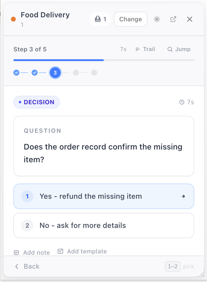 FlowGuide DECISION step asking whether the order record confirms the missing item, with two numbered branch options to choose from.