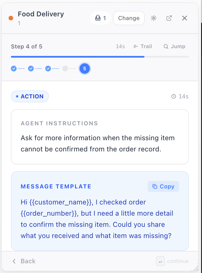 FlowGuide ACTION step with a ready-to-send message template that fills in customer and order details for the resolution.